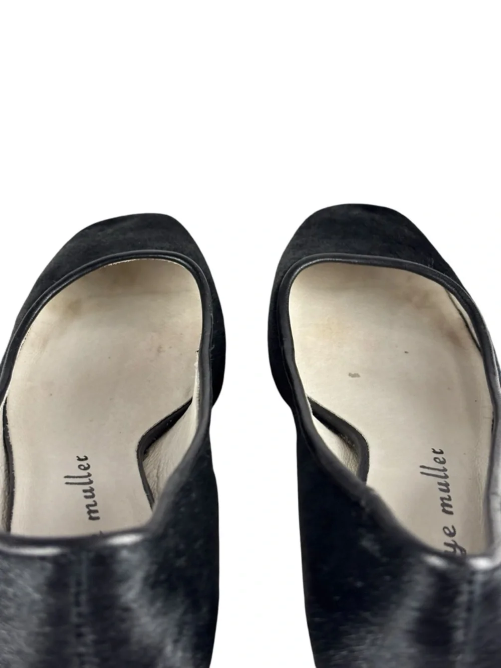 BETTYE MULLER WARHOL BLACK CALF HAIR LEATHER SQUARE TOE PUMP HEELS